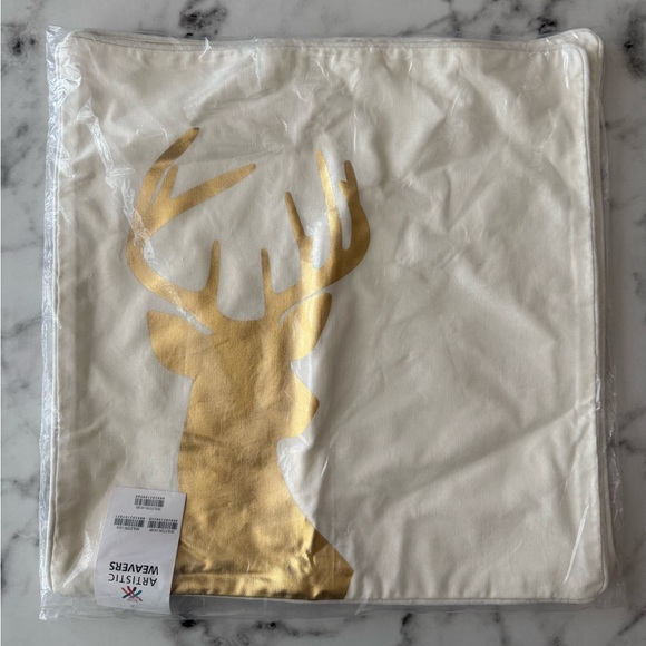 2 Artistic Weavers Holiday Deer Pillow Covers 18' x 18' 100% Cotton Cream & Gold - Picture 8 of 13